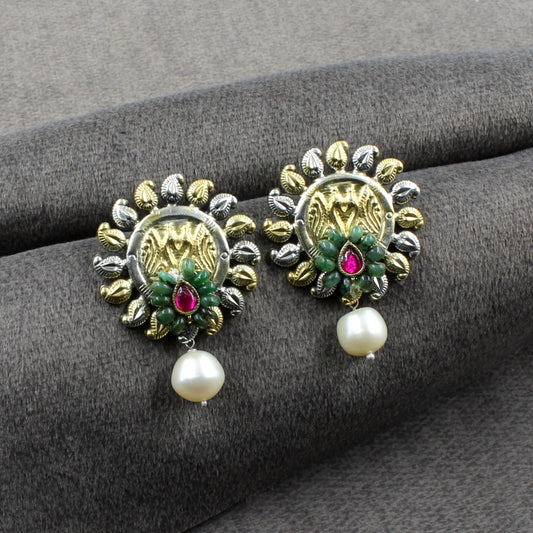 Real Silver Natural Emerald Pearl Jhumka Earrings