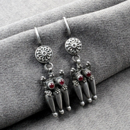 Hanging Silver Jhumki Earrings with Two Pink Stones