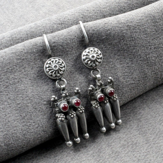 Hanging Silver Jhumki Earrings with Two Pink Stones