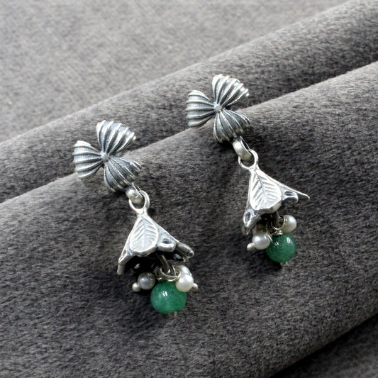  Women pure silver jhumka Earrings with white and Green pearl