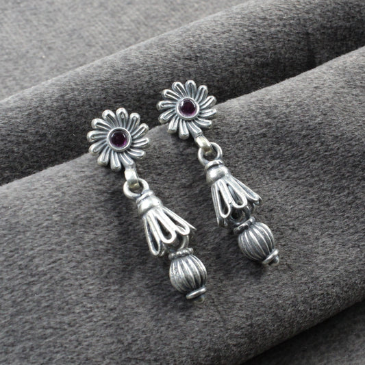 Pure Silver Jhumki For Women with one pink stone