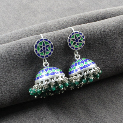 Pure Silver Jhumki For Women in Green and Blue color