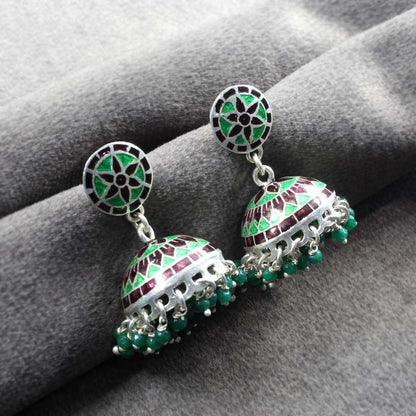 Silver Jhumka women Earrings in Green color