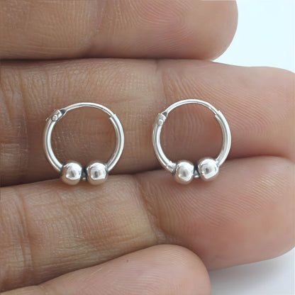 925 Real Sterling Silver Oxidized ball design bali hoop earrings for Girls - Pair