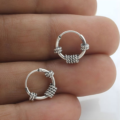 925 Real Sterling Silver Oxidized elegant rope Design small bali hoop earrings for Girls - Pair