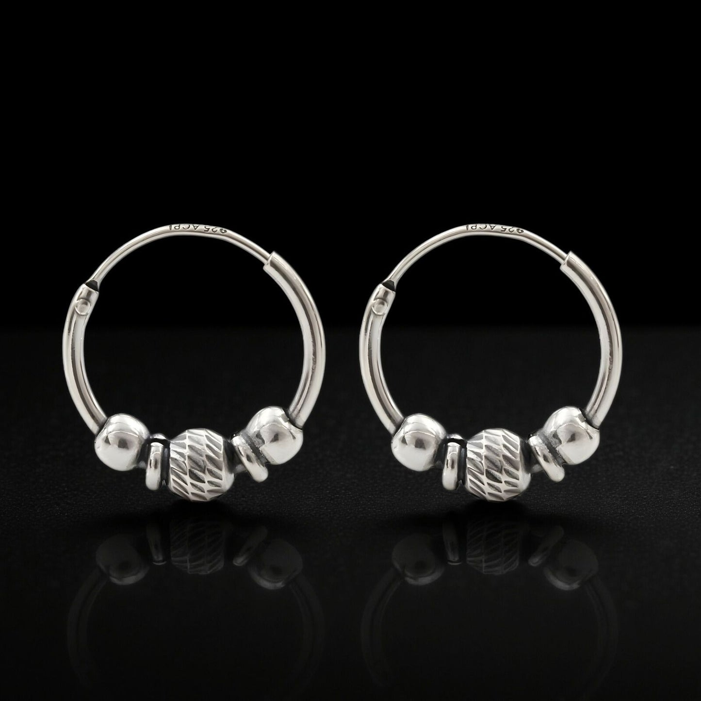 Ethnic 925 Real Sterling Silver Oxidized bali hoop earrings for women - Pair