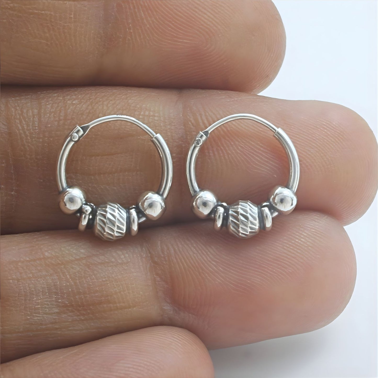 Ethnic 925 Real Sterling Silver Oxidized bali hoop earrings for women - Pair