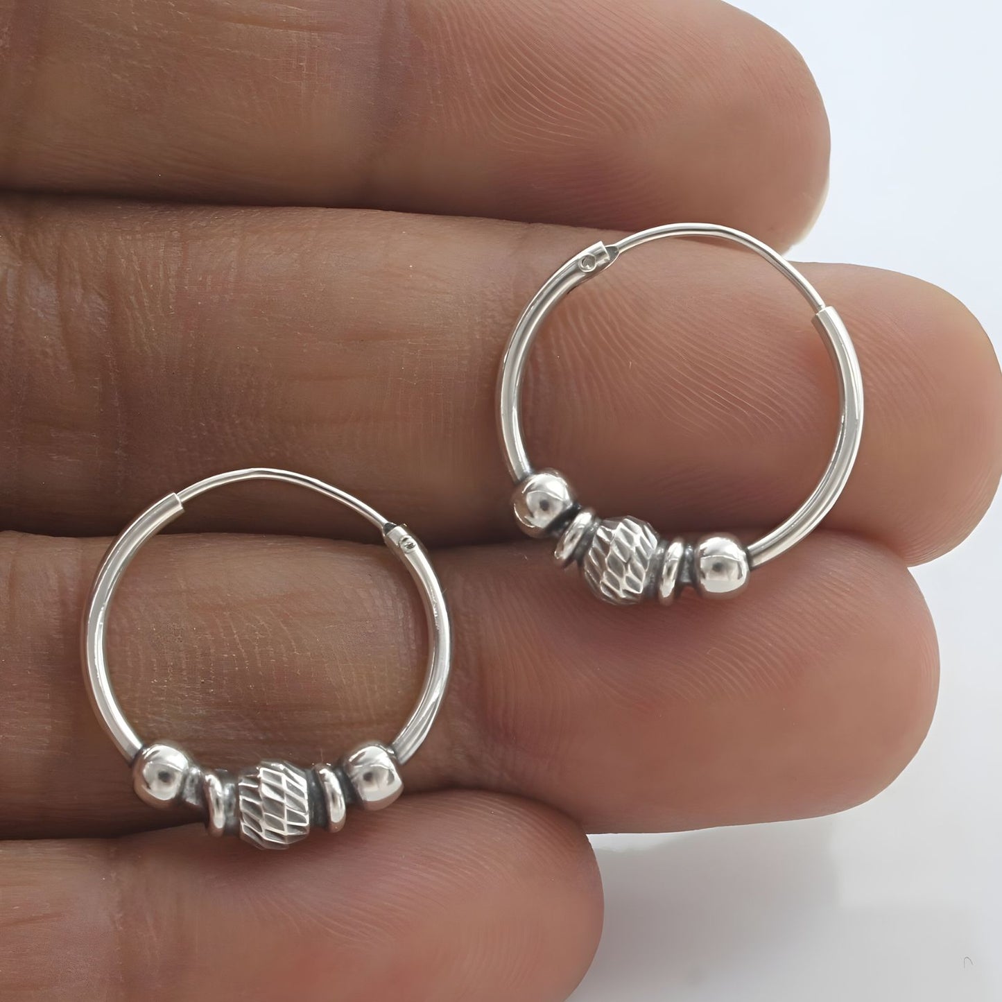 Ethnic 925 Real Sterling Silver Oxidized bali hoop earrings for women - Pair