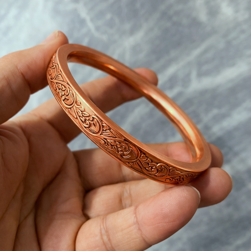 Heavy Flat Engraved Copper Kada for Men