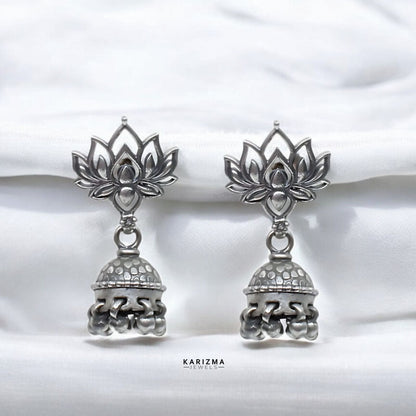 Indian 925 Sterling Silver Oxidised Lotus Jhumki Earring For Women