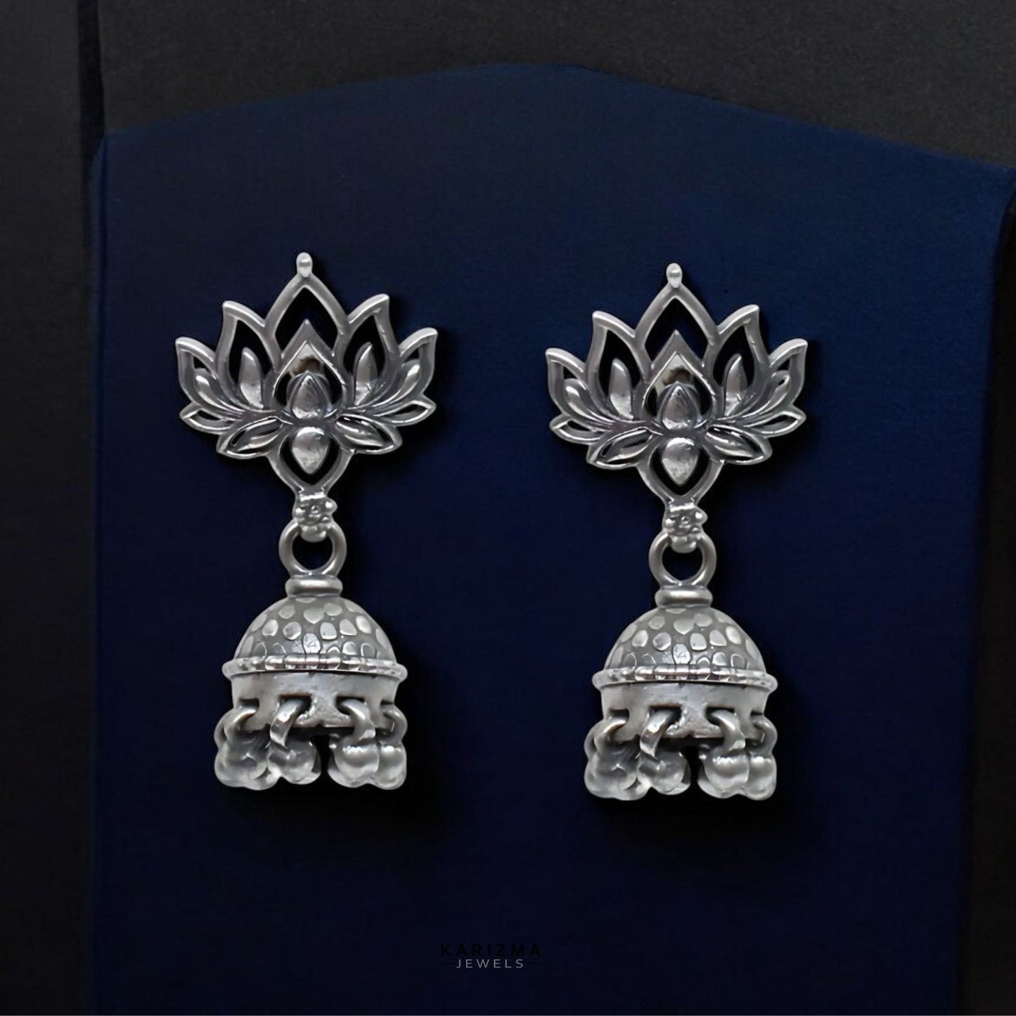 Indian 925 Sterling Silver Oxidised Lotus Jhumki Earring For Women