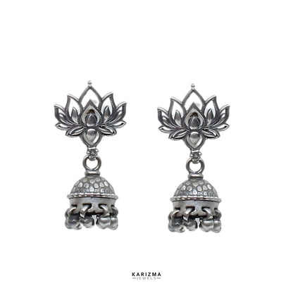 Indian 925 Sterling Silver Oxidised Lotus Jhumki Earring For Women