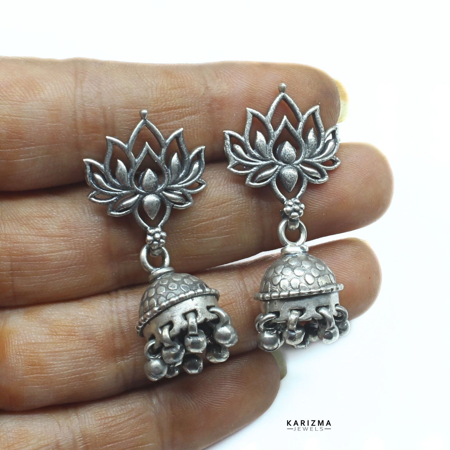 Indian 925 Sterling Silver Oxidised Lotus Jhumki Earring For Women