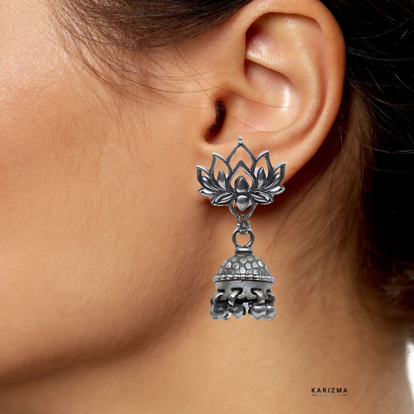 Indian 925 Sterling Silver Oxidised Lotus Jhumki Earring For Women