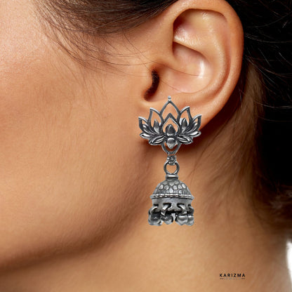 Indian 925 Sterling Silver Oxidised Lotus Jhumki Earring For Women