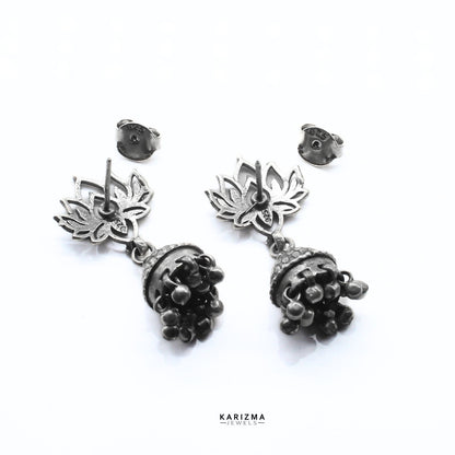 Indian 925 Sterling Silver Oxidised Lotus Jhumki Earring For Women