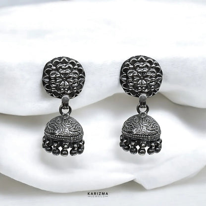 925 Sterling Silver Oxidized Flower Design Jhumka women Dangle Drop Earrings