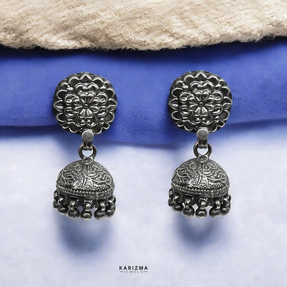 925 Sterling Silver Oxidized Flower Design Jhumka women Dangle Drop Earrings