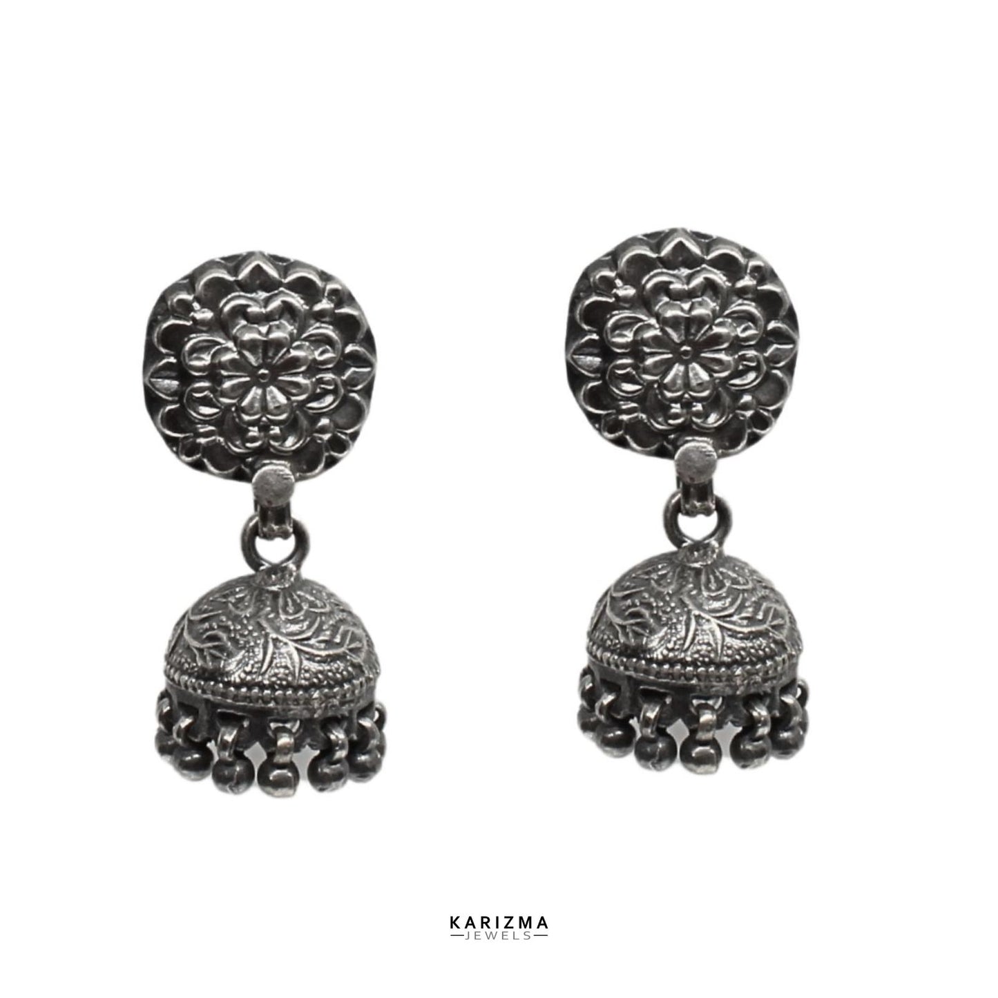 925 Sterling Silver Oxidized Flower Design Jhumka women Dangle Drop Earrings