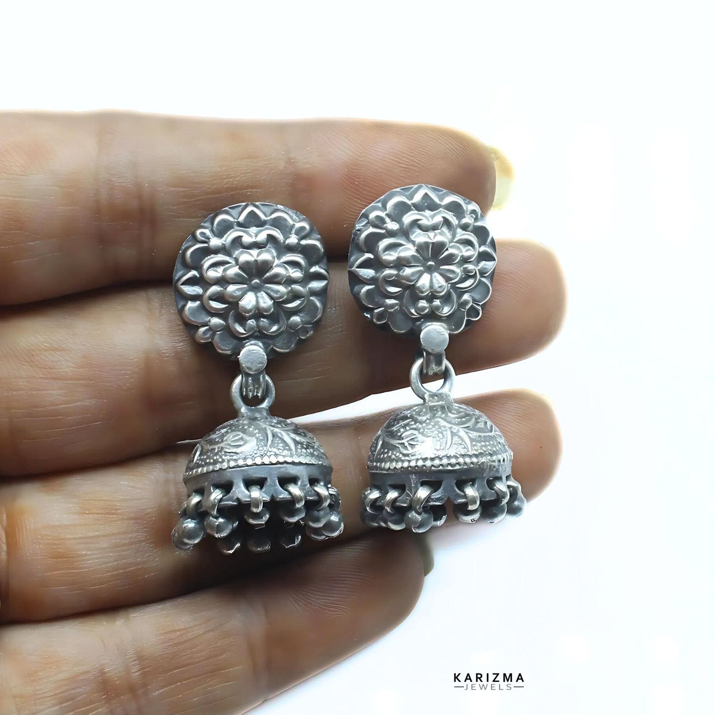 925 Sterling Silver Oxidized Flower Design Jhumka women Dangle Drop Earrings