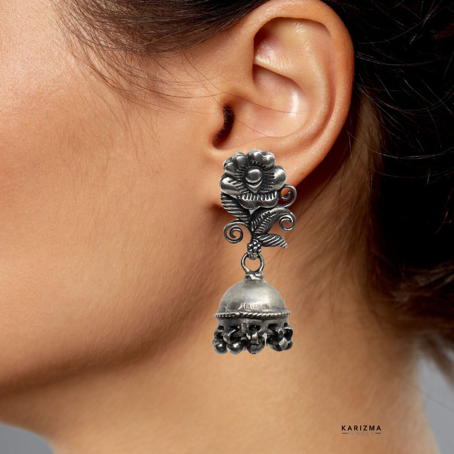 Indian Tribal style 925 Sterling Silver Oxidized Jhumki Earrings For Womens