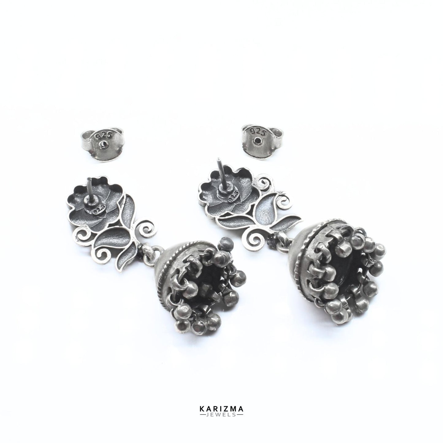 Indian Tribal style 925 Sterling Silver Oxidized Jhumki Earrings For Womens