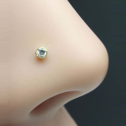 Tiny Single stone CZ Piercing Nose Stud Nose Pin Solid 14k Yellow Gold from India