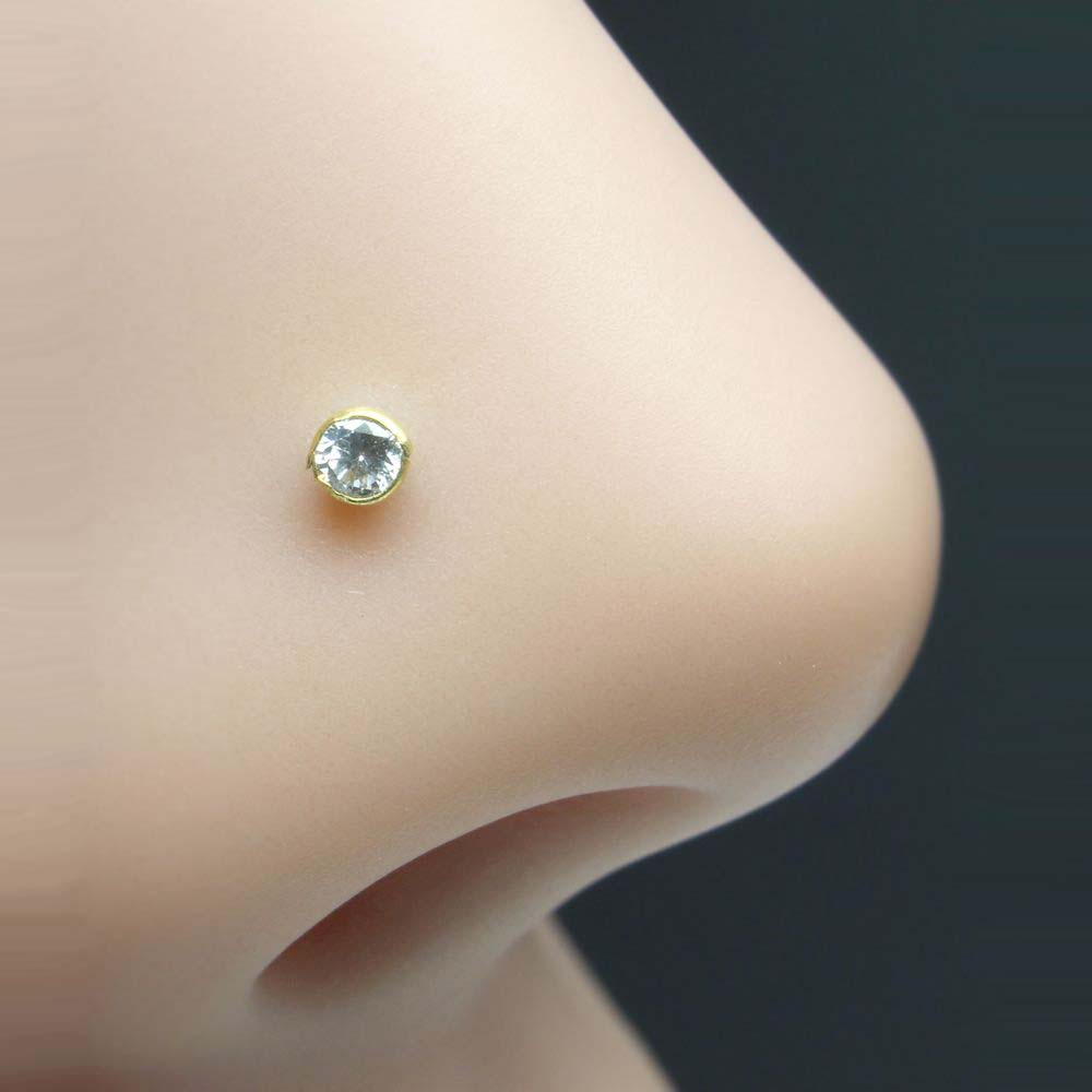 14k Yellow Gold Tiny Single stone CZ  Nath for women