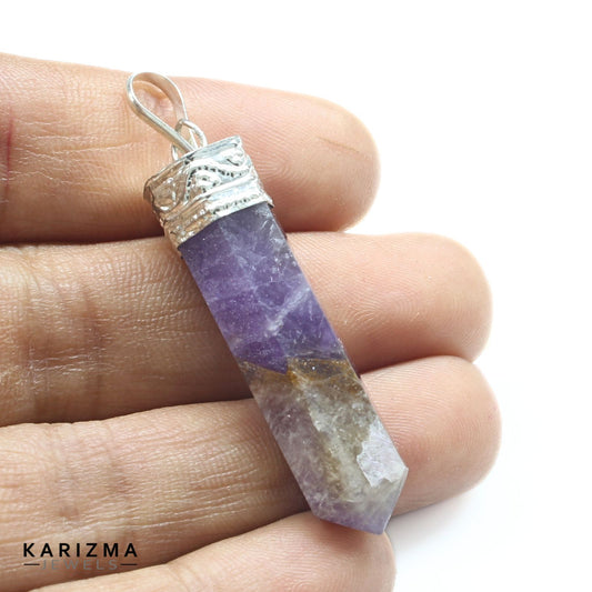 31Ct Natural Purple Amethyst Gemstone Healing Point Pencil Pendant