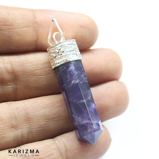 31Ct Natural Purple Amethyst Gemstone Healing Point Pencil Pendant