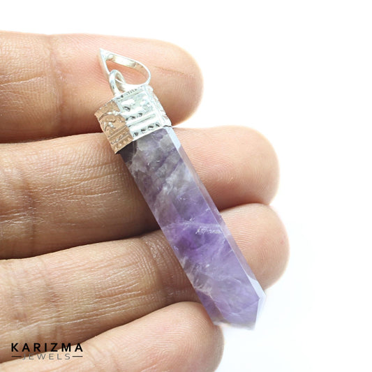30.3Ct Natural Purple Amethyst Gemstone Healing Point Pencil Pendant