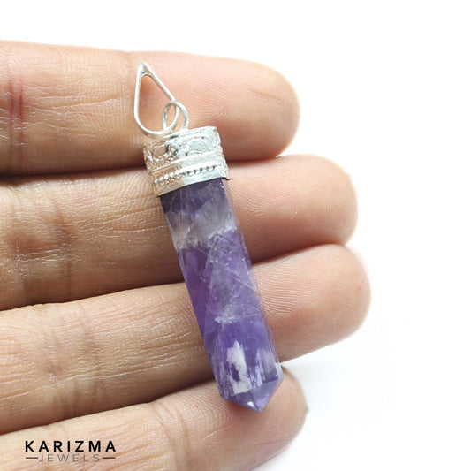 25.5Ct Natural Purple Amethyst Gemstone Healing Point Pencil Pendant