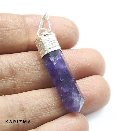 18Ct Natural Purple Amethyst Gemstone Healing Point Pencil Pendant