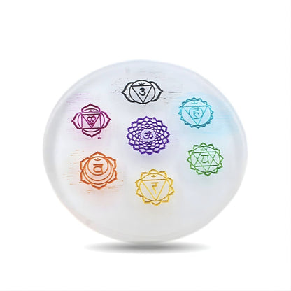 Selenite Seven Chakra Crystal Charging Plate - 3.25 Inch Round