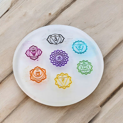 Selenite Seven Chakra Crystal Charging Plate - 3.25 Inch Round