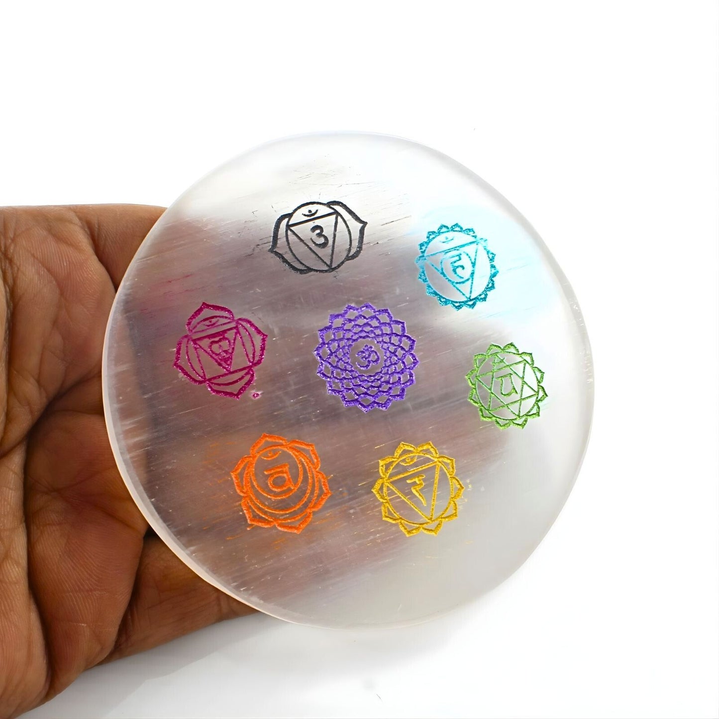 Selenite Seven Chakra Crystal Charging Plate - 3.25 Inch Round