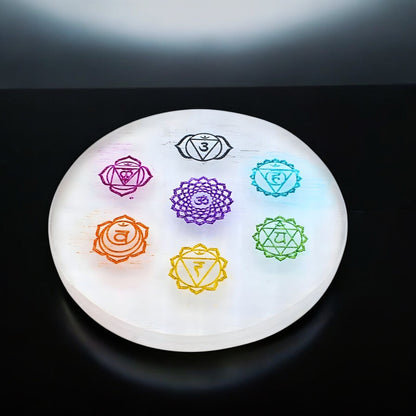 Selenite Seven Chakra Crystal Charging Plate - 3.25 Inch Round