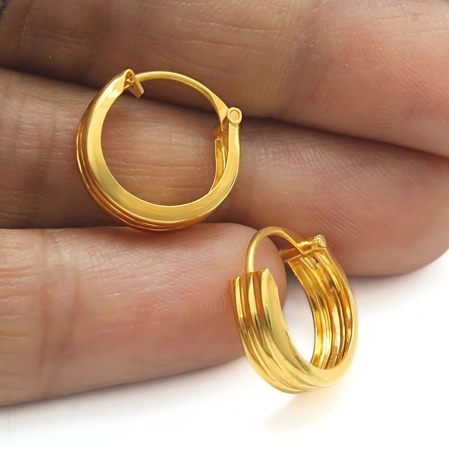 18k Solid Yellow Gold Men Women hinged hoop Three Line EARRINGS