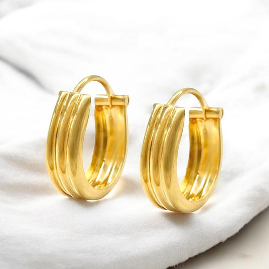 18k Solid Yellow Gold Men Women hinged hoop Three Line EARRINGS