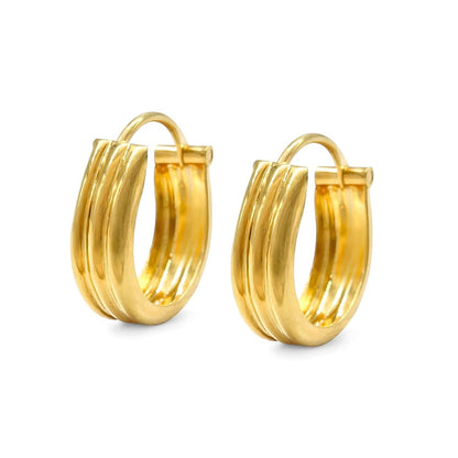 18k Solid Yellow Gold Men Women hinged hoop Three Line EARRINGS