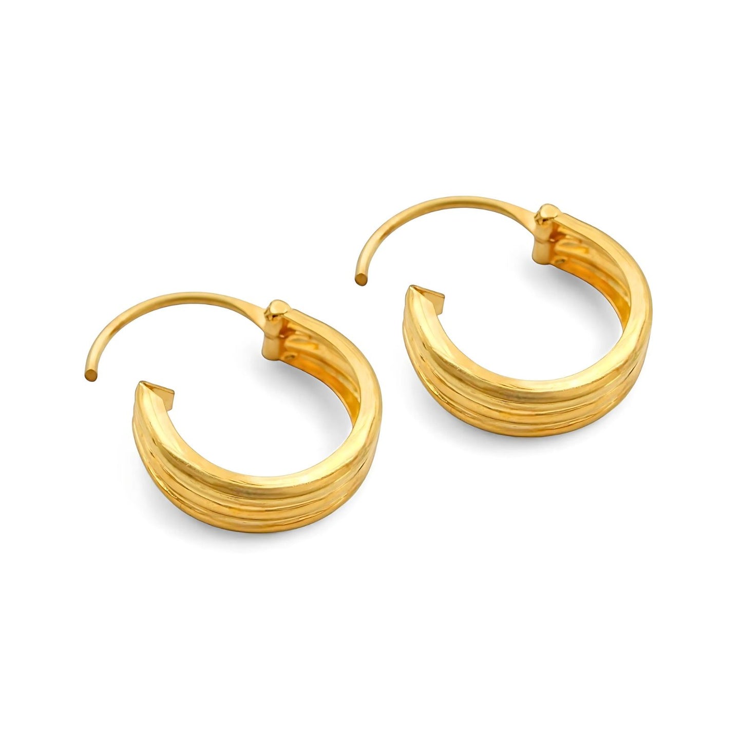 18k Solid Yellow Gold Men Women hinged hoop Three Line EARRINGS