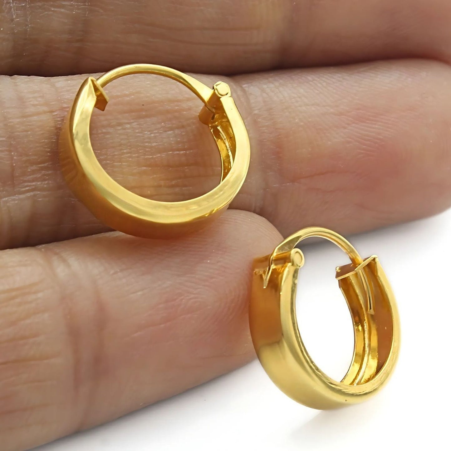 18k Solid Yellow Gold Men Women hinged hoop Flat EARRINGS