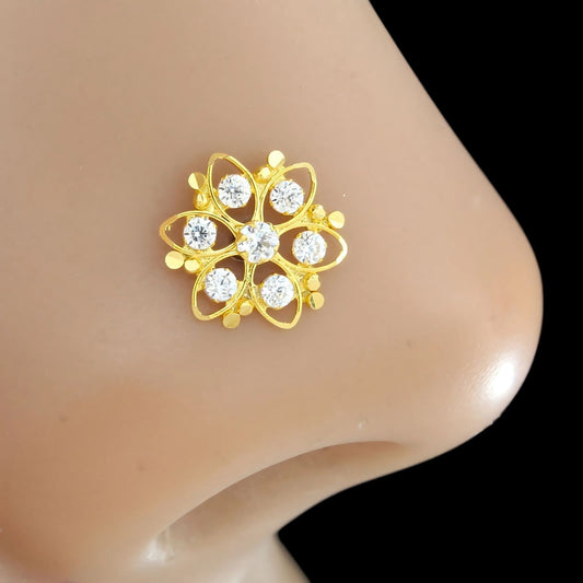 18K Real Gold Women White CZ Flower Nose Pin nose ring Push Pin
