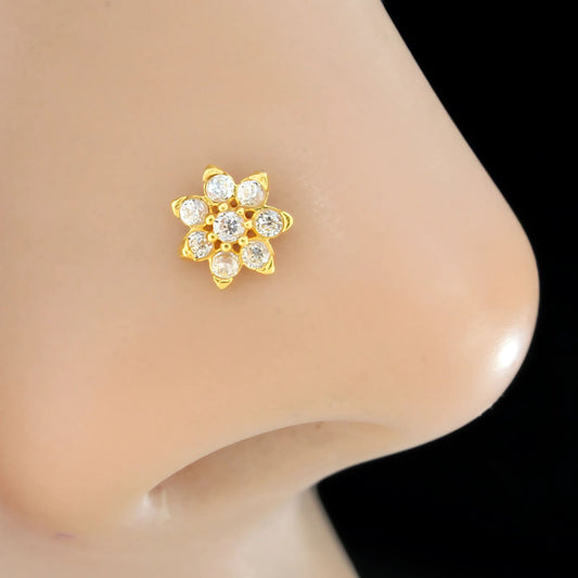 18K Real Gold Women White CZ Small Flower Nose Pin nose ring Push Pin