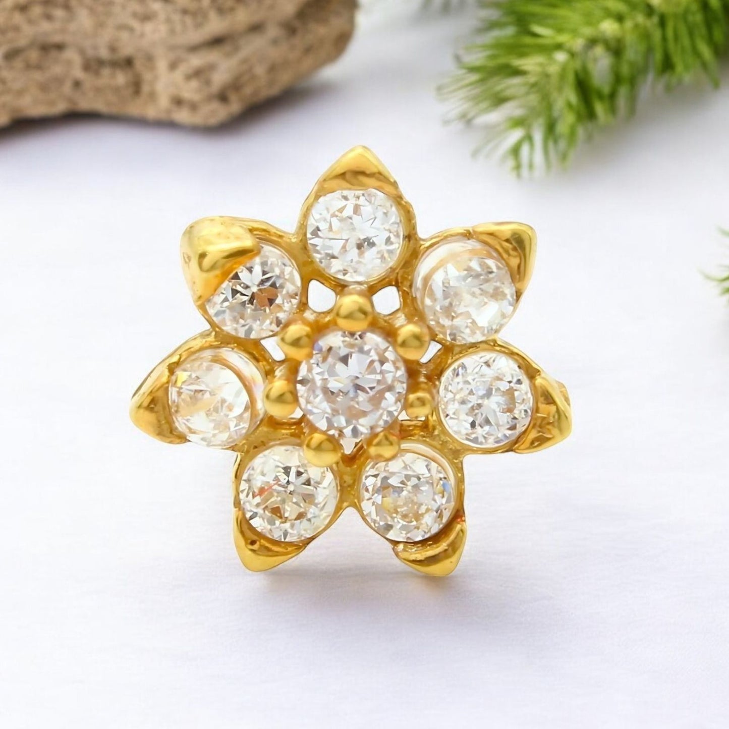 18K Real Gold Women White CZ Small Flower Nose Pin nose ring Push Pin