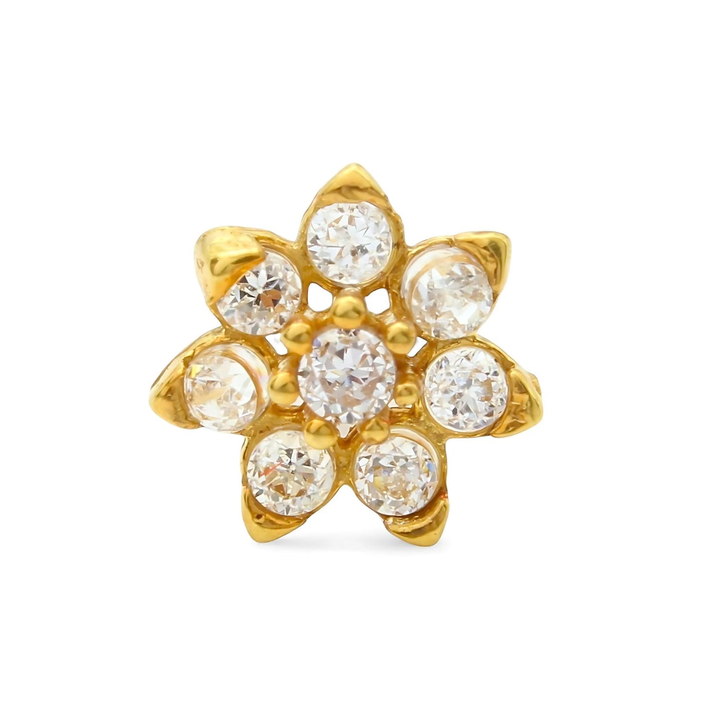18K Real Gold Women White CZ Small Flower Nose Pin nose ring Push Pin