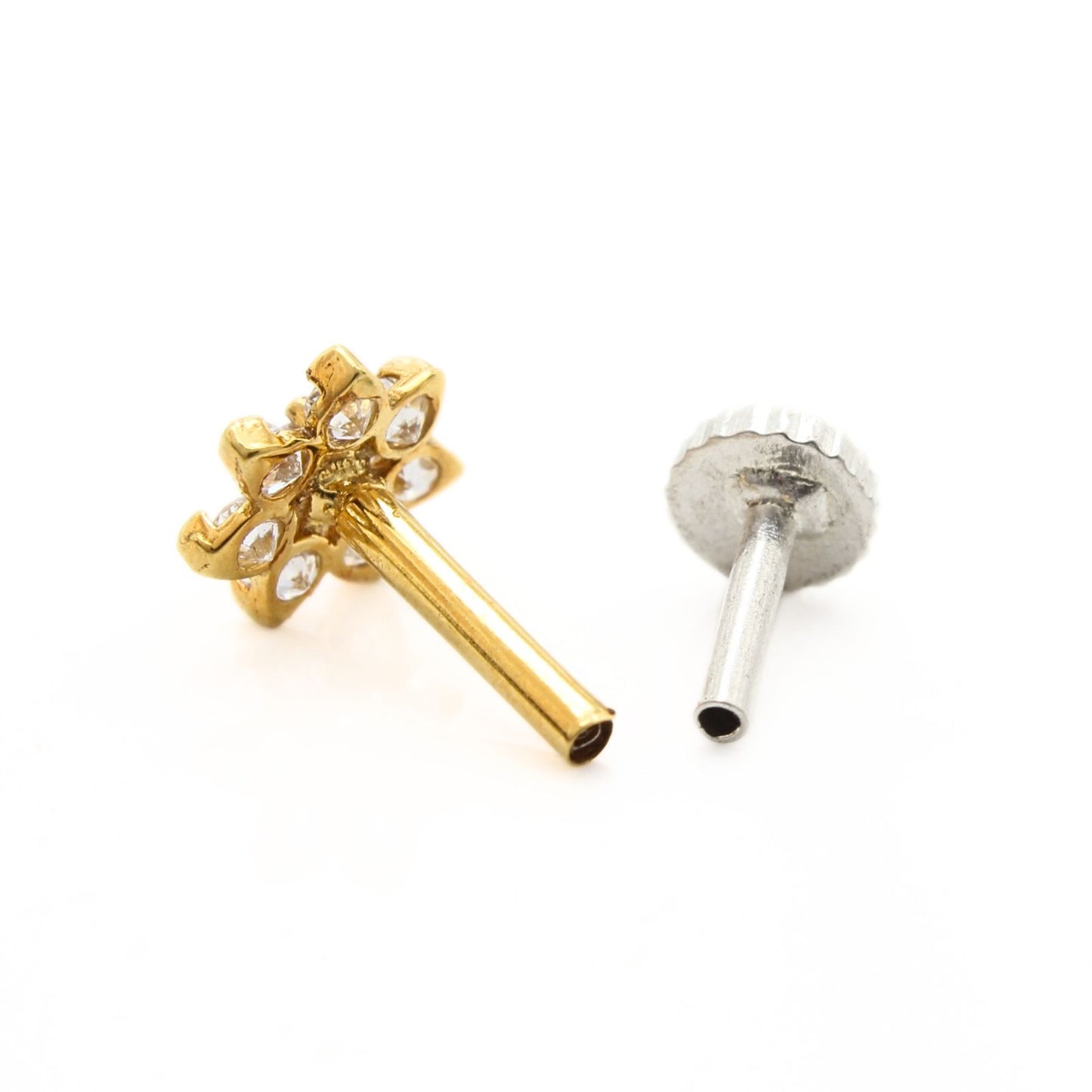 18K Real Gold Women White CZ Small Flower Nose Pin nose ring Push Pin