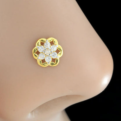 18K Real Gold Women White CZ Flower style gifting Nose Pin nose ring Push Pin