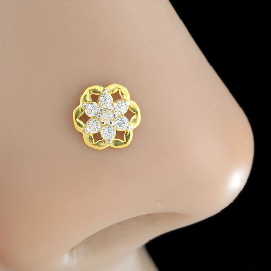 18K Real Gold Women White CZ Flower style gifting Nose Pin nose ring Push Pin