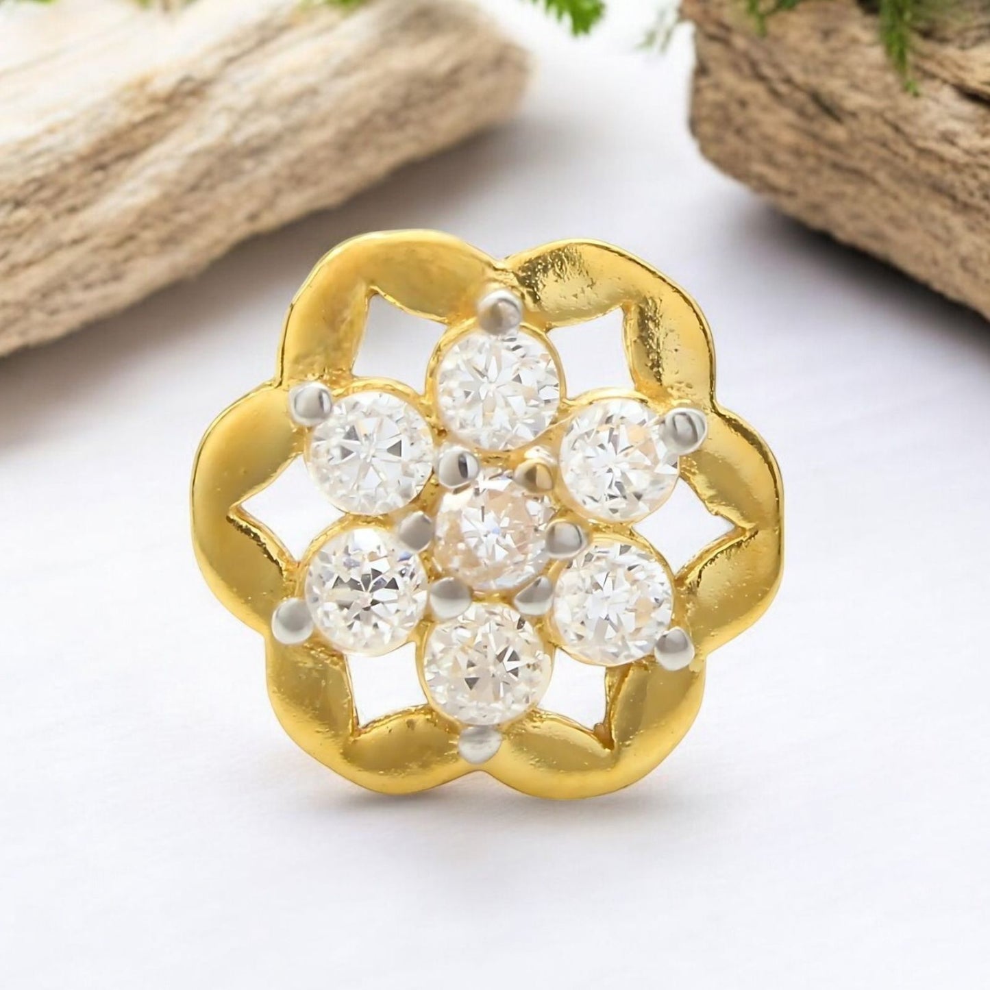 18K Real Gold Women White CZ Flower style gifting Nose Pin nose ring Push Pin